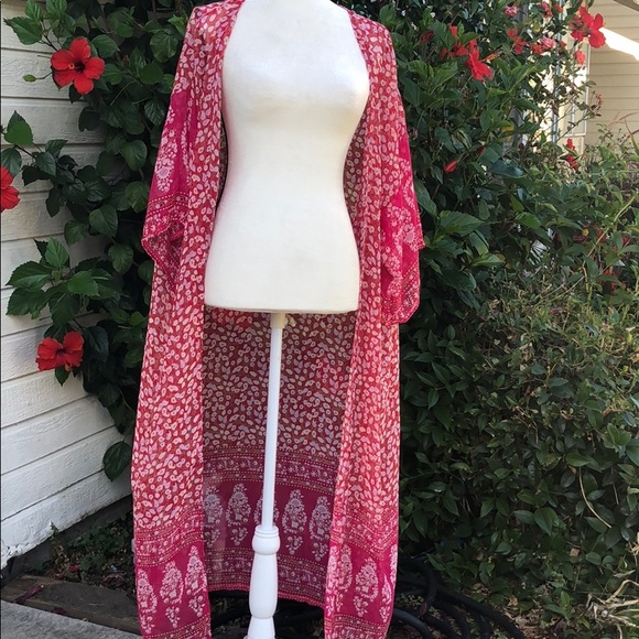 Pink Floral Boho Kimono Duster Coverup Robe - Picture 6 of 8